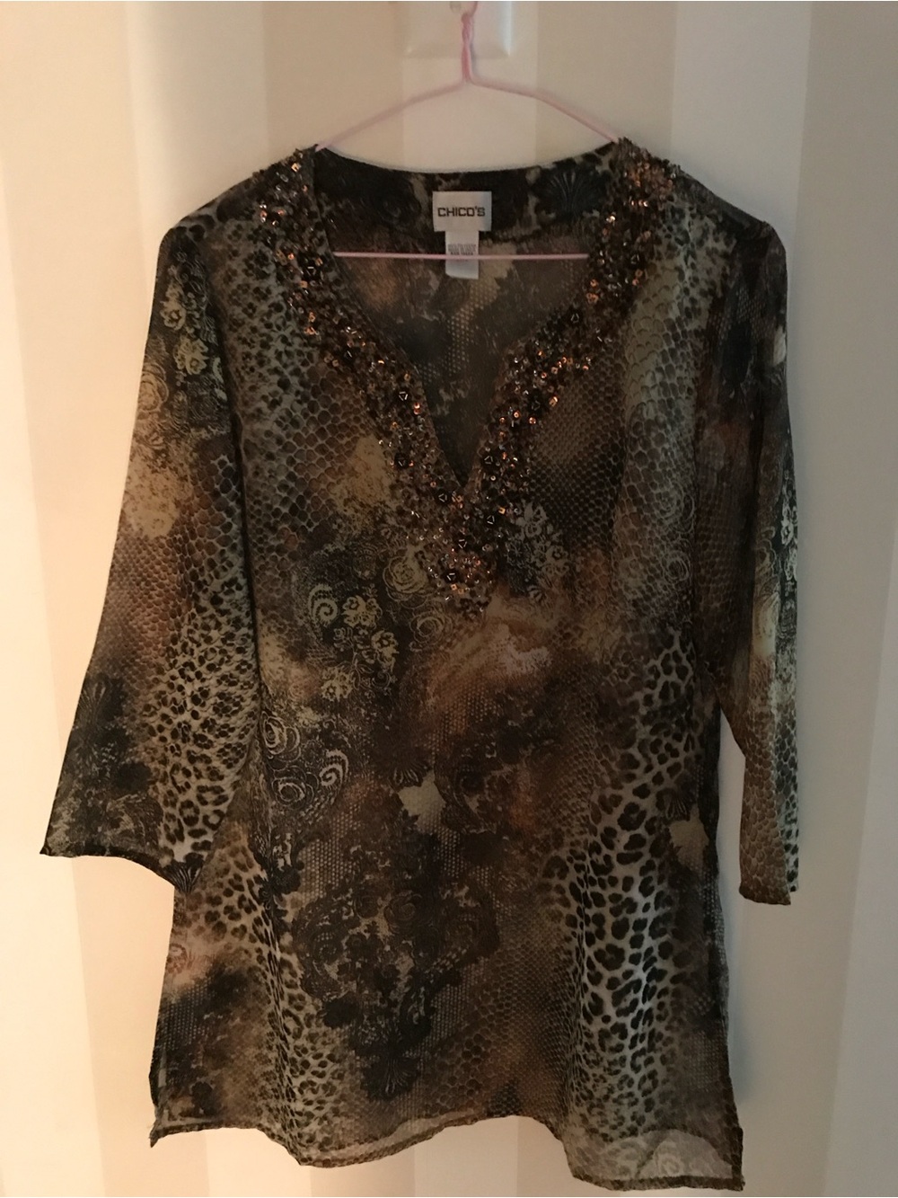 Chico's Embellished Animal Print V-Neck Tunic in Brown Tones